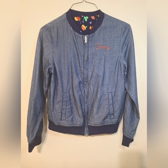 Tommy Hilfiger Girls XL reversible chambray denim navy floral bomber jacket - Picture 2 of 12